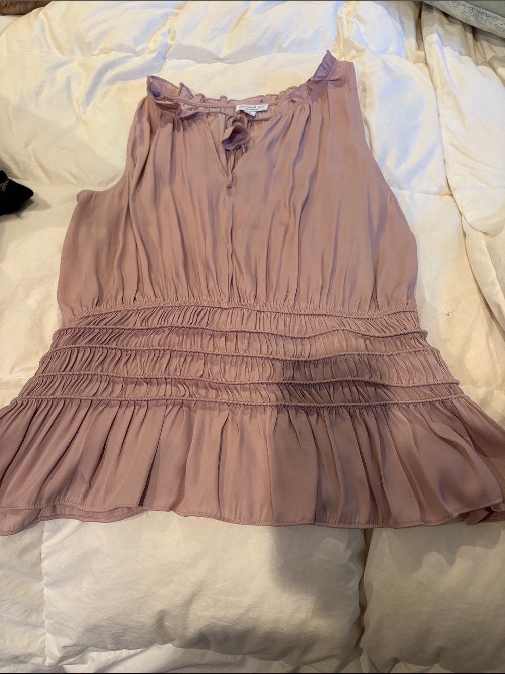 Current Air Sleeveless Smocked Waist Ruffle Neck Top in Mauve Pink